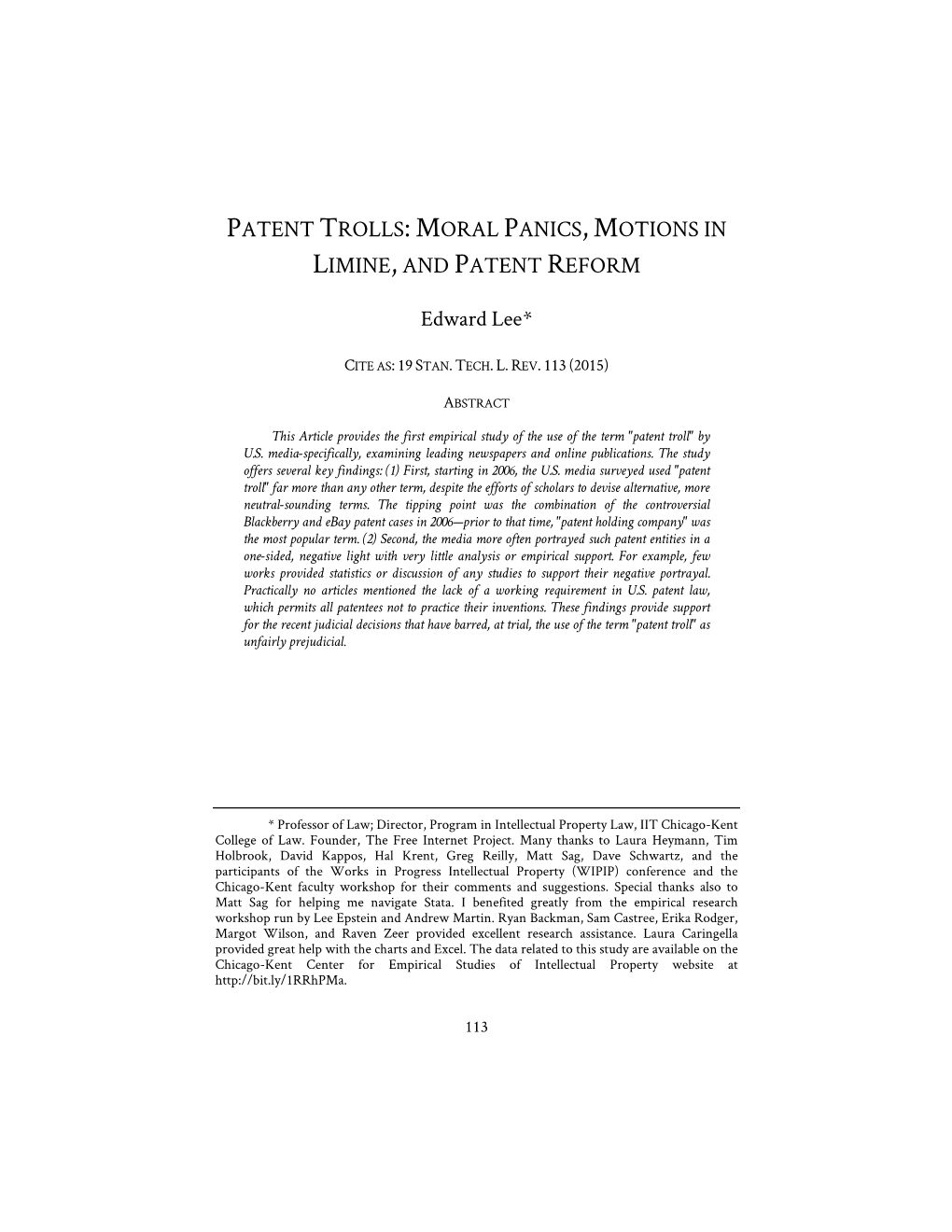 Patent Trolls: Moral Panics, Motions in Limine, and Patent Reform