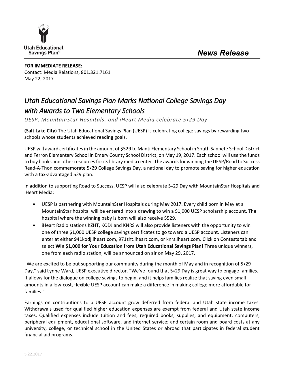 News Release Utah Educational Savings Plan Marks National