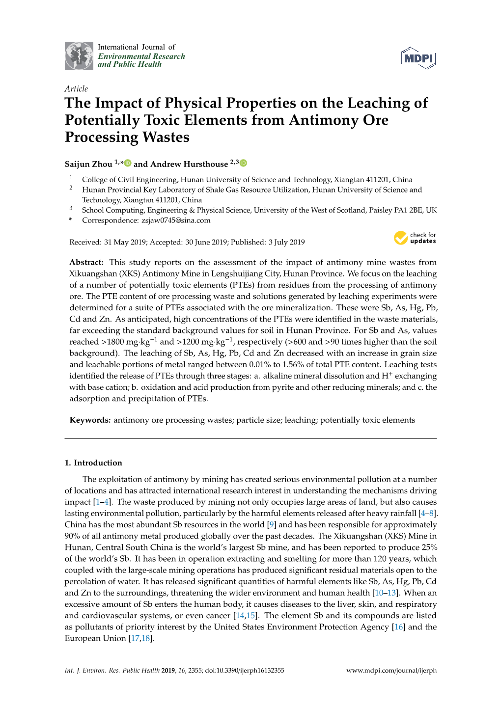 The Impact of Physical Properties on the Leaching of Potentially Toxic Elements from Antimony Ore Processing Wastes