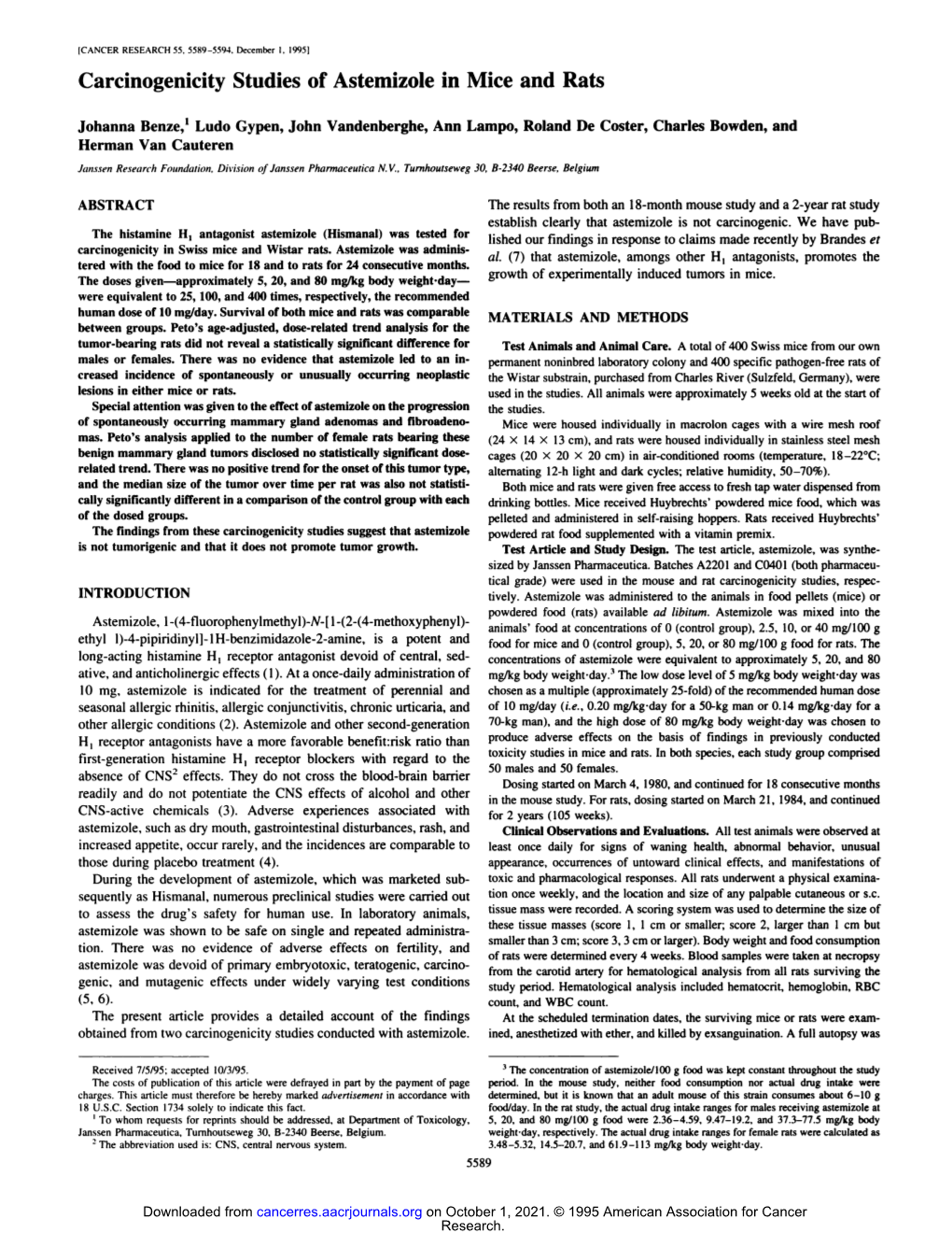 Carcinogenicity Studies of Astemizole in Mice and Rats