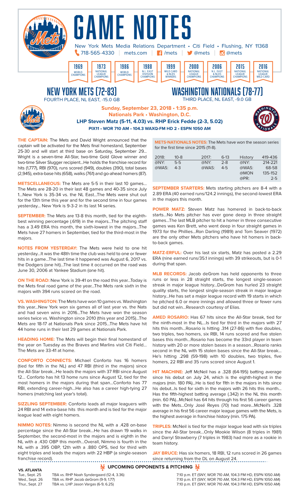 GAME NOTES New York Mets Media Relations Department • Citi Field • Flushing, NY 11368 718-565-4330 | Mets.Com | /Mets | @Mets | @Mets