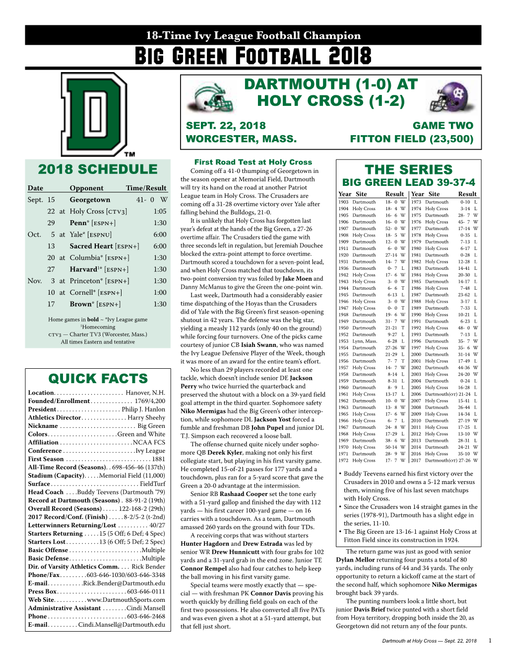 Big Green Football 2018 Dartmouth (1-0) at Holy Cross (1-2)