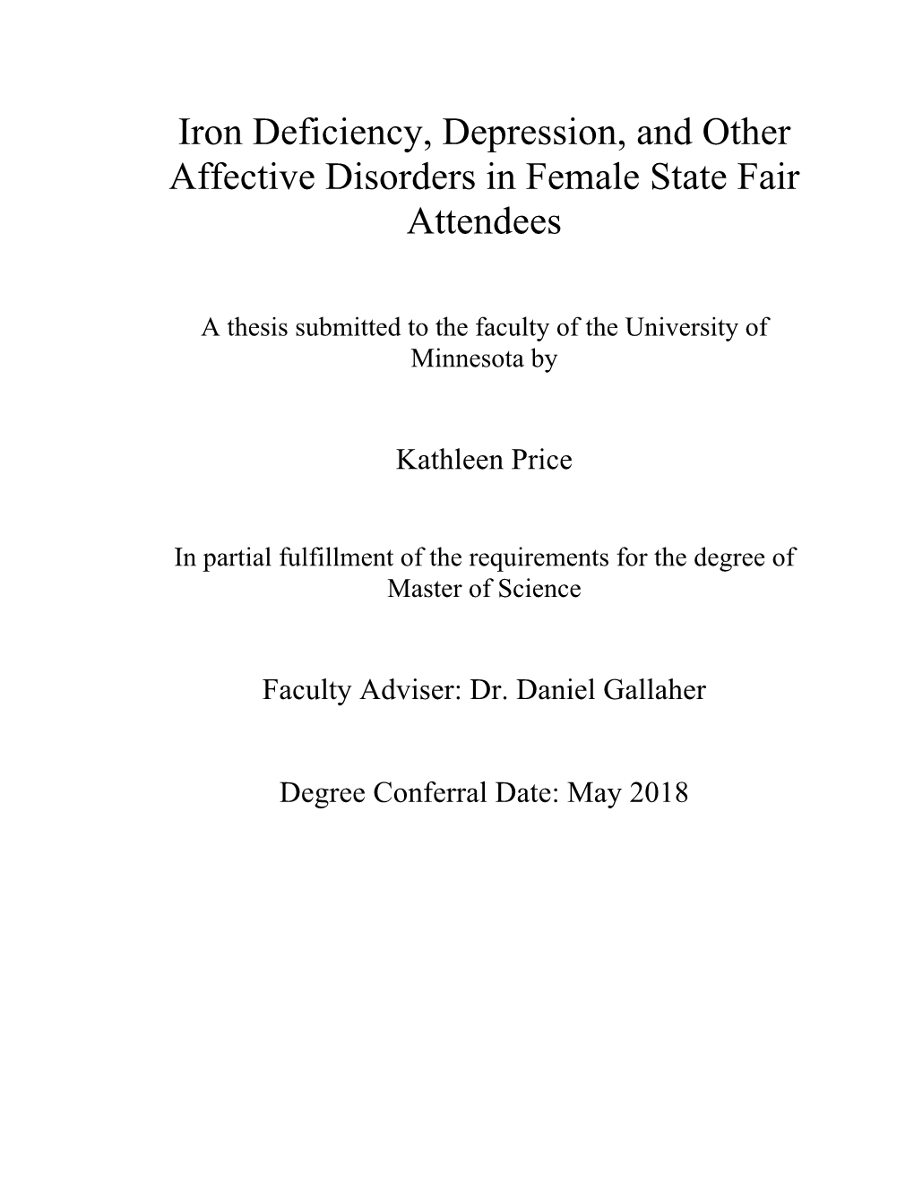 Iron Deficiency, Depression, and Other Affective Disorders in Female State Fair Attendees