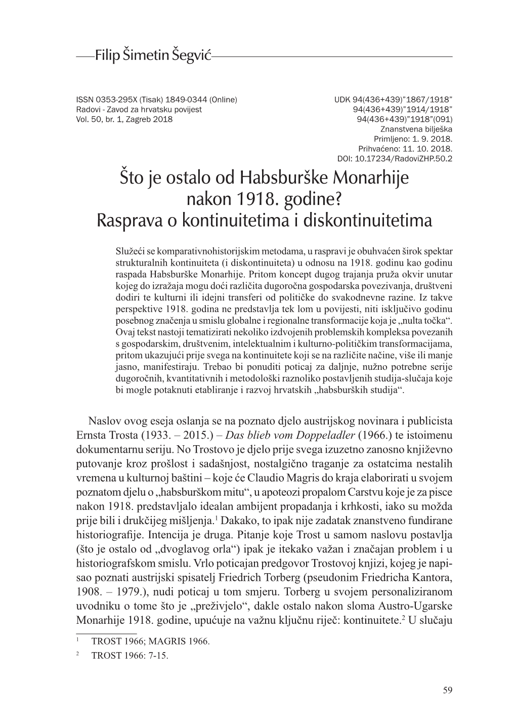 Što Je Ostalo Od Habsburške Monarhije Nakon 1918. Godine? Rasprava O Kontinuitetima I Diskontinuitetima