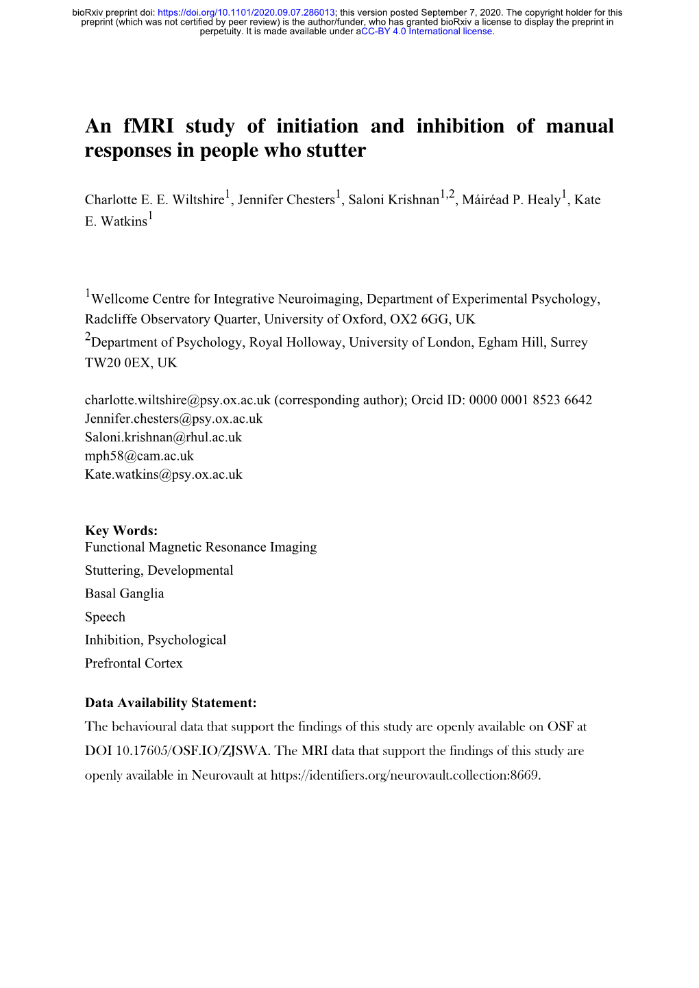 An Fmri Study of Initiation and Inhibition of Manual Responses in People Who Stutter