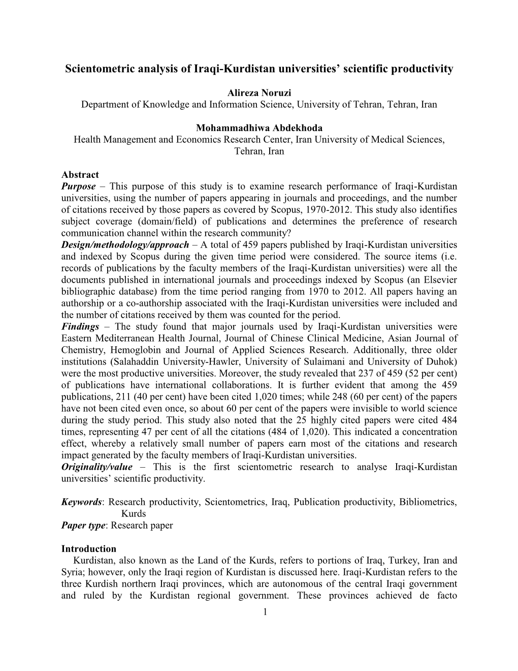 Scientometric Analysis of Iraqi-Kurdistan Universities' Scientific Productivity