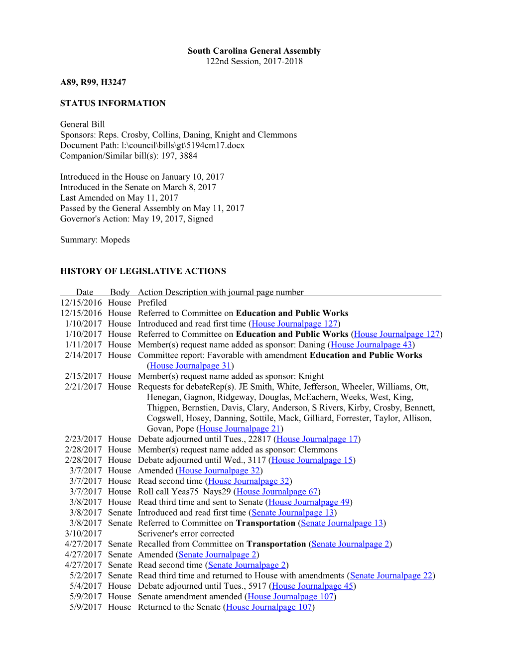 2017-2018 Bill 3247: Mopeds - South Carolina Legislature Online