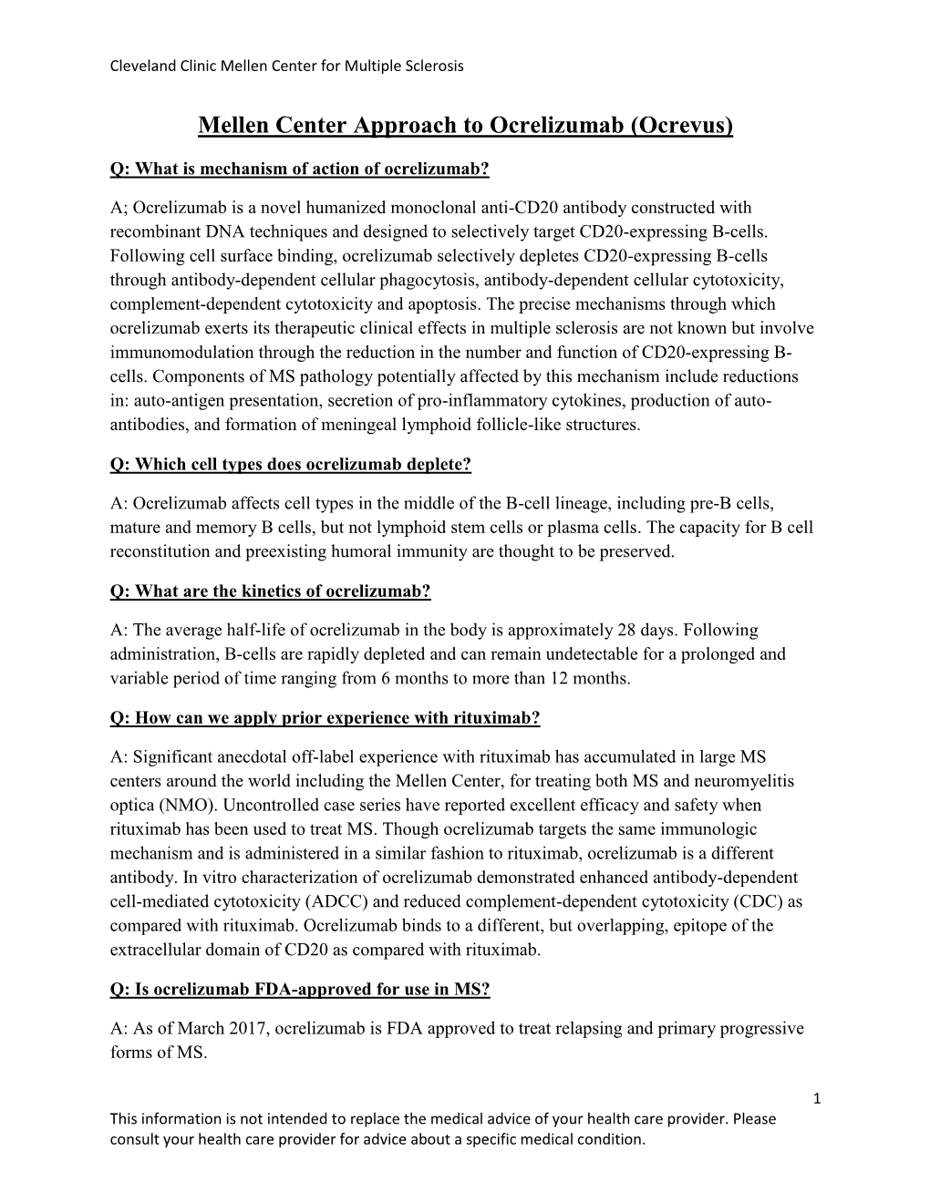 Mellen Center Approach to Ocrelizumab (Ocrevus)