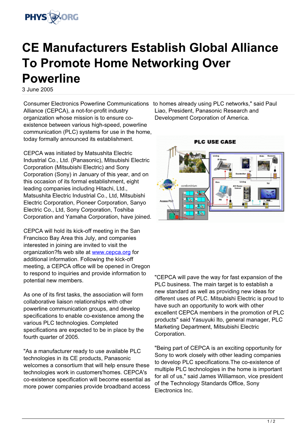 CE Manufacturers Establish Global Alliance to Promote Home Networking Over Powerline 3 June 2005