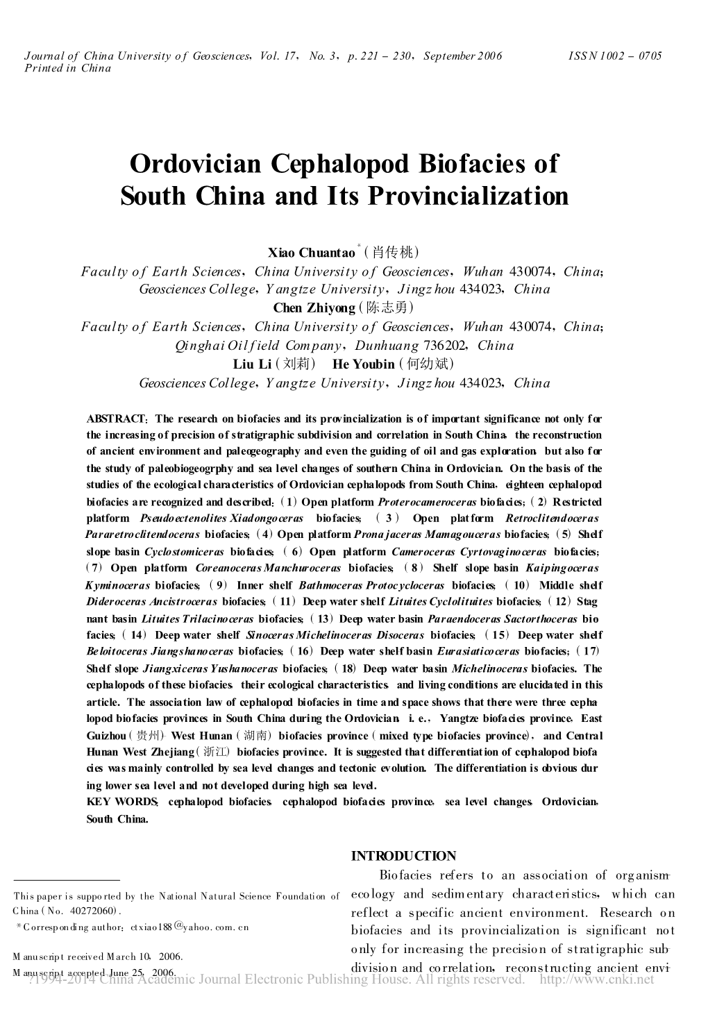 Ordovician Cephalopod Biofacies of South China and Its Provincialization