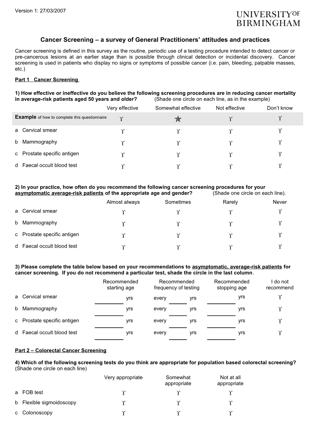 Survey of Colorectal Cancer Screening