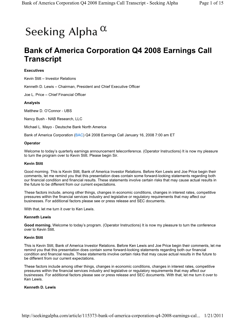 Bank of America Corporation Q4 2008 Earnings Call Transcript - Seeking Alpha Page 1 of 15