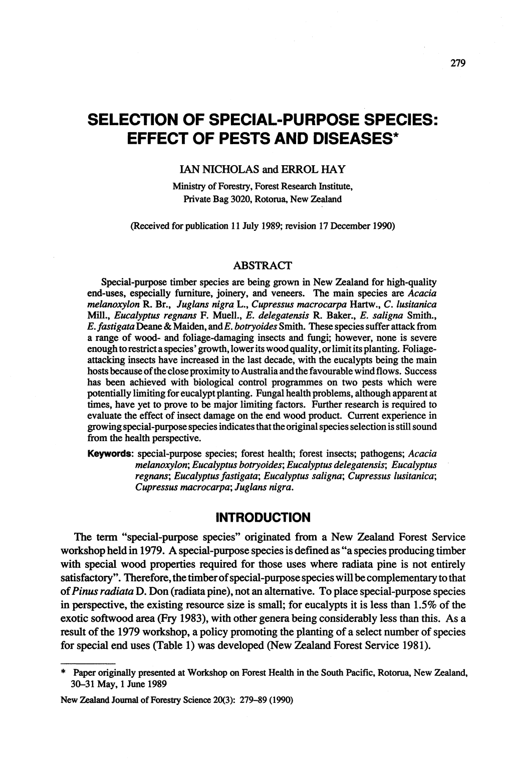 Selection of Special-Purpose Species: Effect of Pests and Diseases*