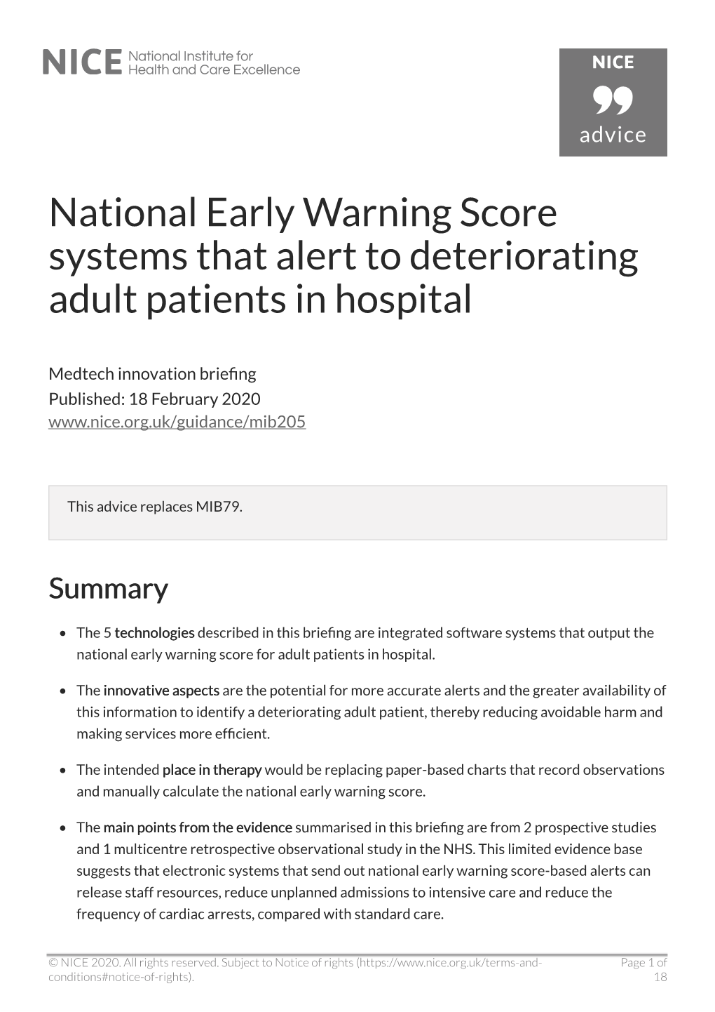 National Early Warning Score Systems That Alert to Deteriorating Adult Patients in Hospital