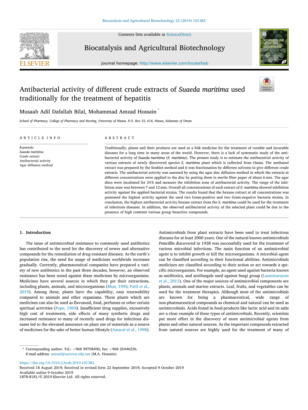 Antibacterial Activity of Different Crude Extracts of Suaeda Maritima Used Traditionally for the Treatment of Hepatitis