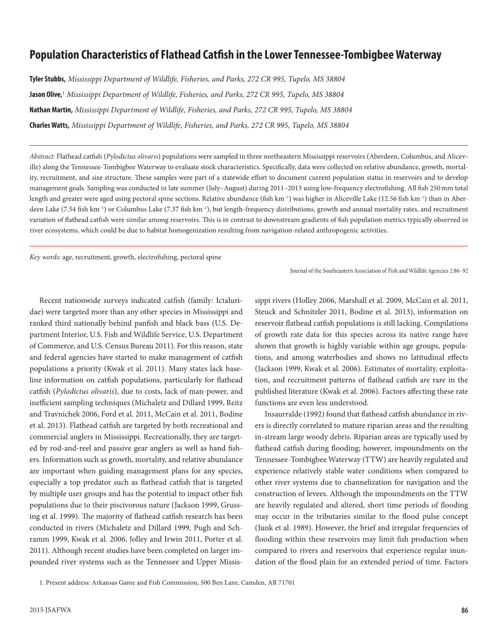 Population Characteristics of Flathead Catfish in the Lower Tennessee-Tombigbee Waterway