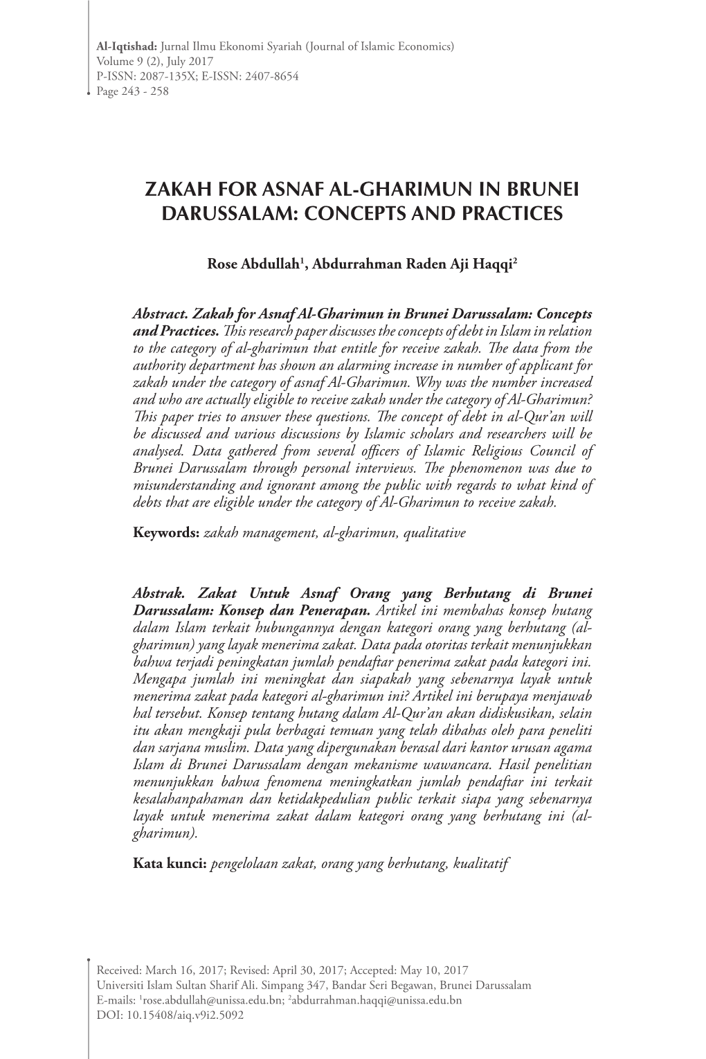 Zakah for Asnaf Al-Gharimun in Brunei Darussalam: Concepts and Practices