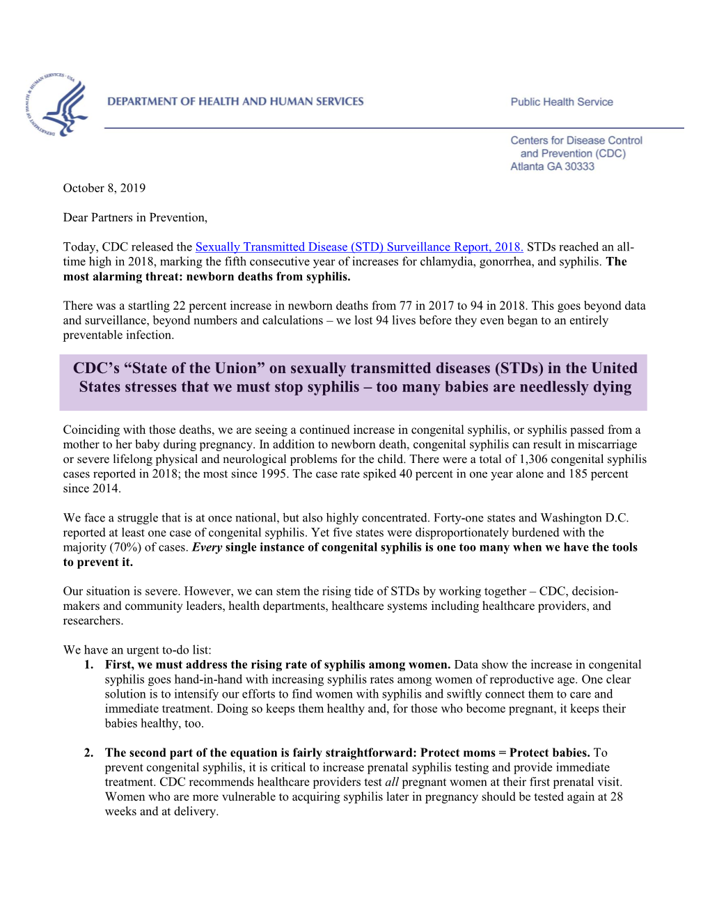 On Sexually Transmitted Diseases (Stds) in the United States Stresses That We Must Stop Syphilis – Too Many Babies Are Needlessly Dying