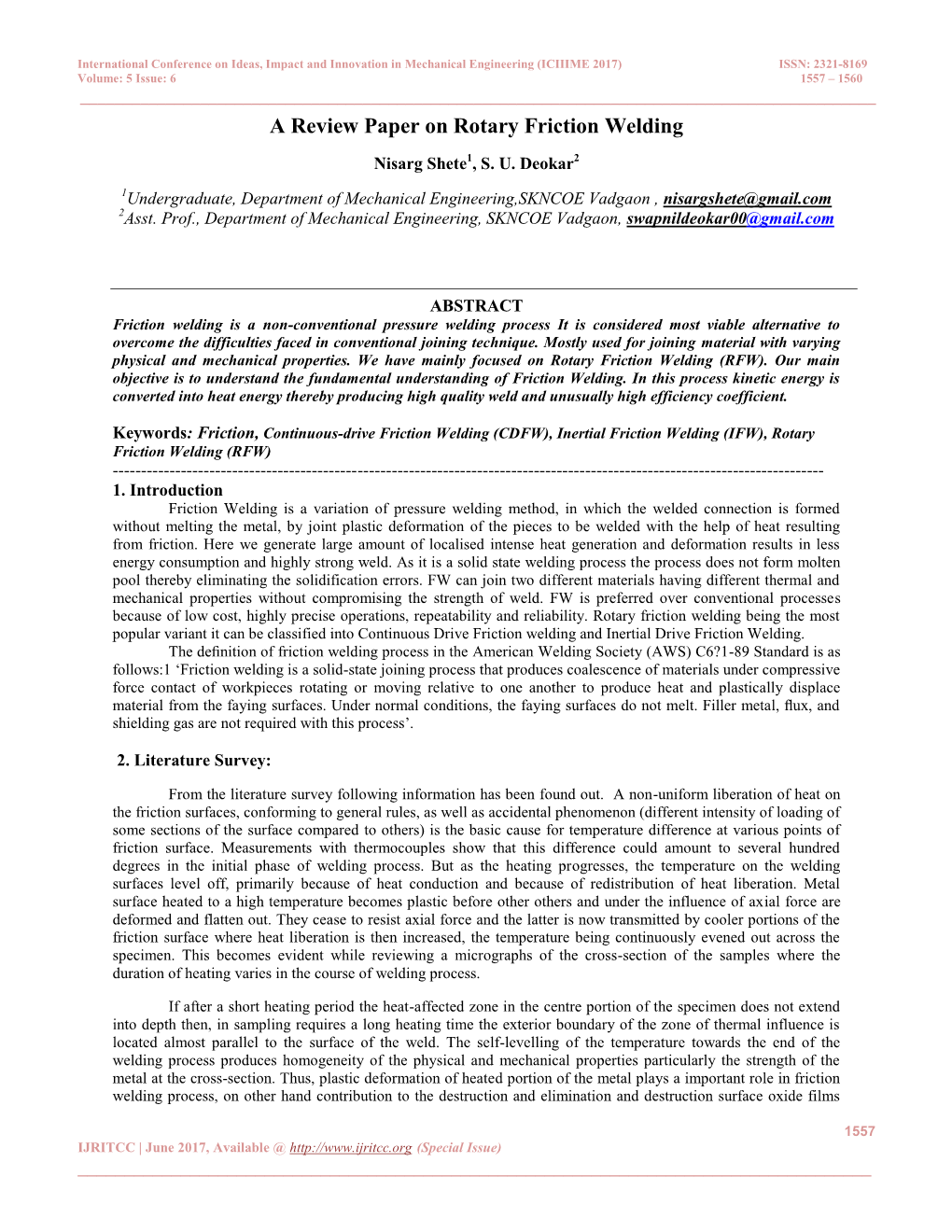 A Review Paper on Rotary Friction Welding Nisarg Shete1, S