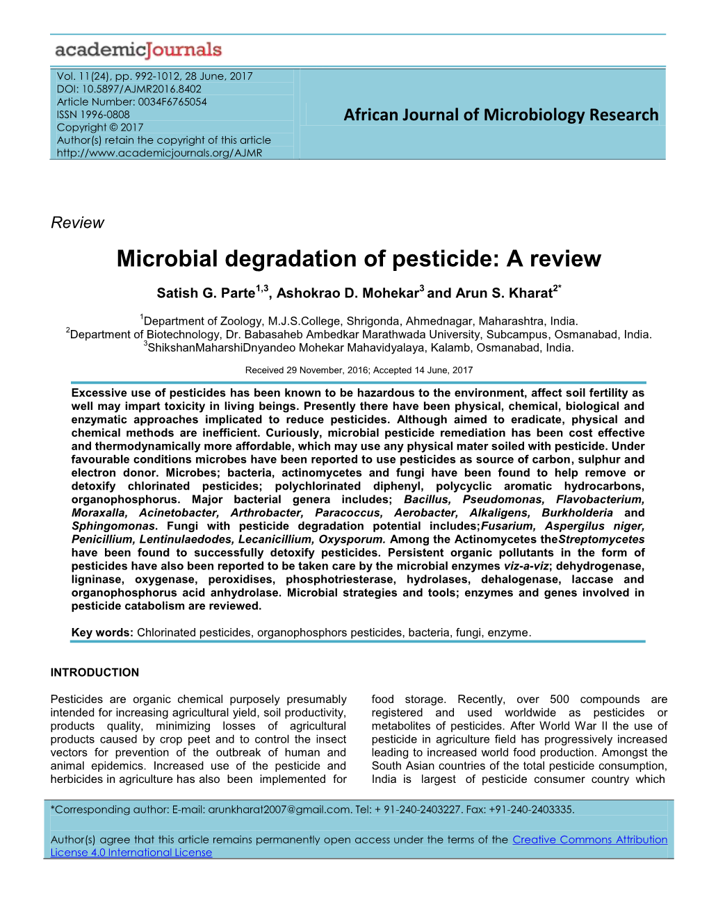 Microbial Degradation of Pesticide: a Review