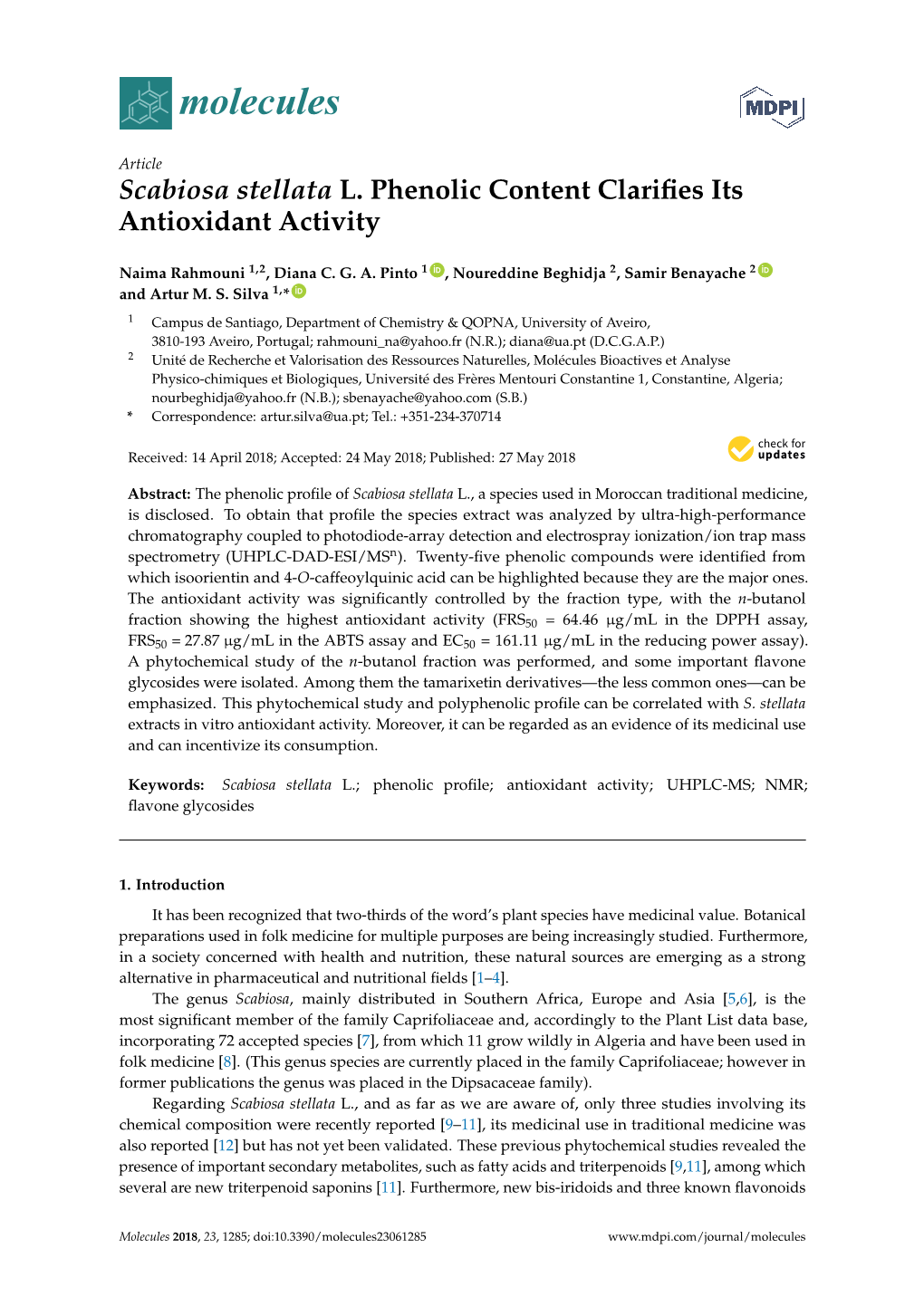 Scabiosa Stellata L. Phenolic Content Clarifies Its Antioxidant Activity