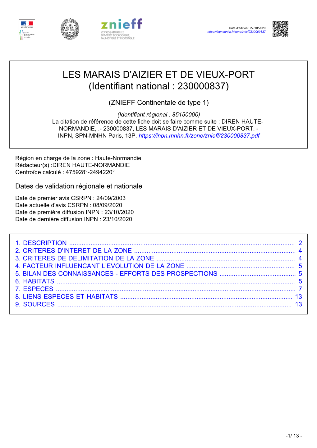 LES MARAIS D'aizier ET DE VIEUX-PORT (Identifiant National : 230000837)