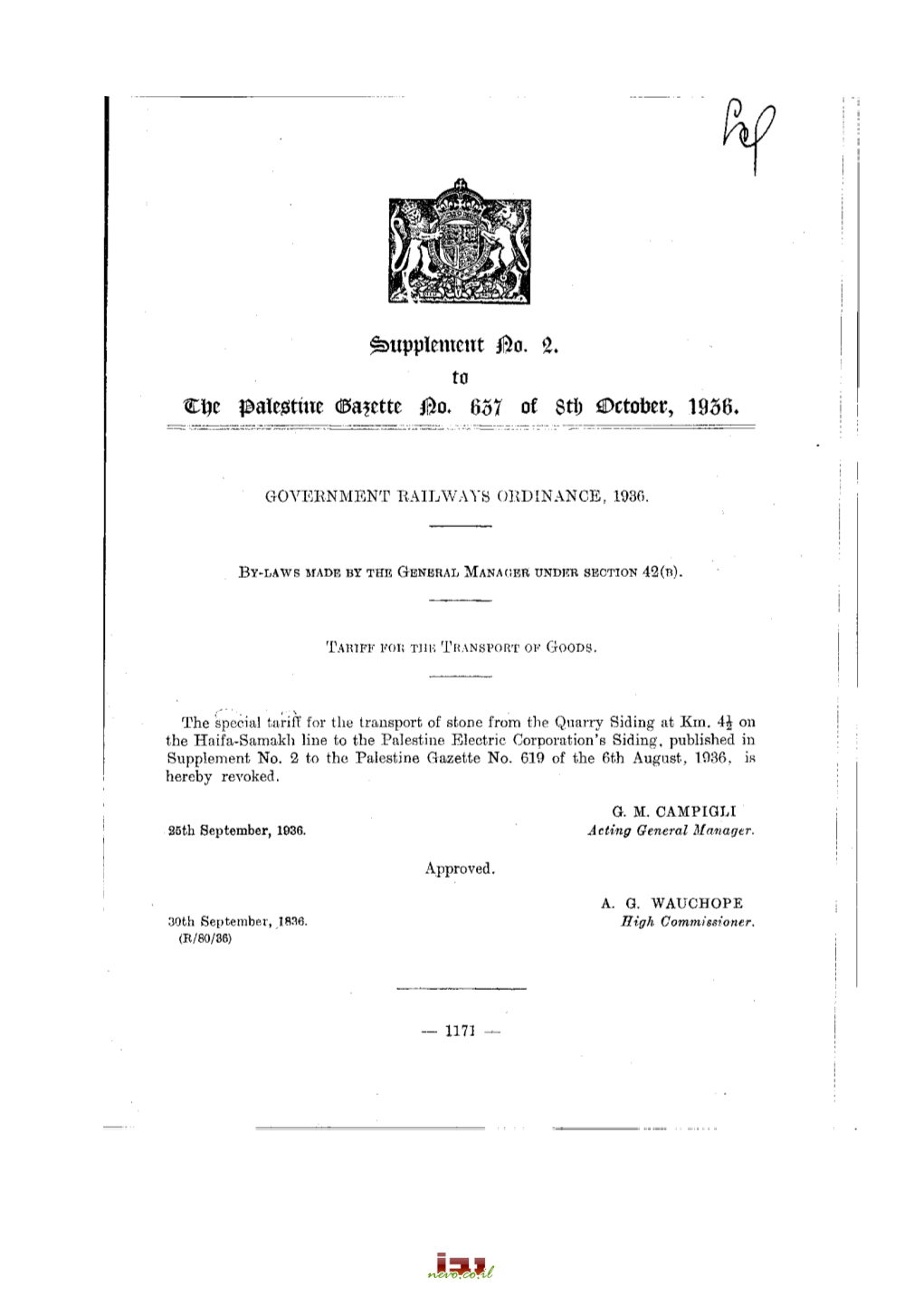 Supplément Bo. 2. to Cçe Palestine D5a?Ette Bo. 637 of 8T!) October, 1936