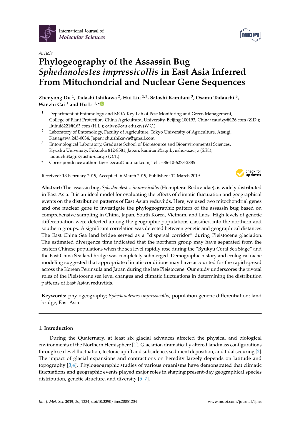 Phylogeography of the Assassin Bug Sphedanolestes Impressicollis in East Asia Inferred from Mitochondrial and Nuclear Gene Sequences