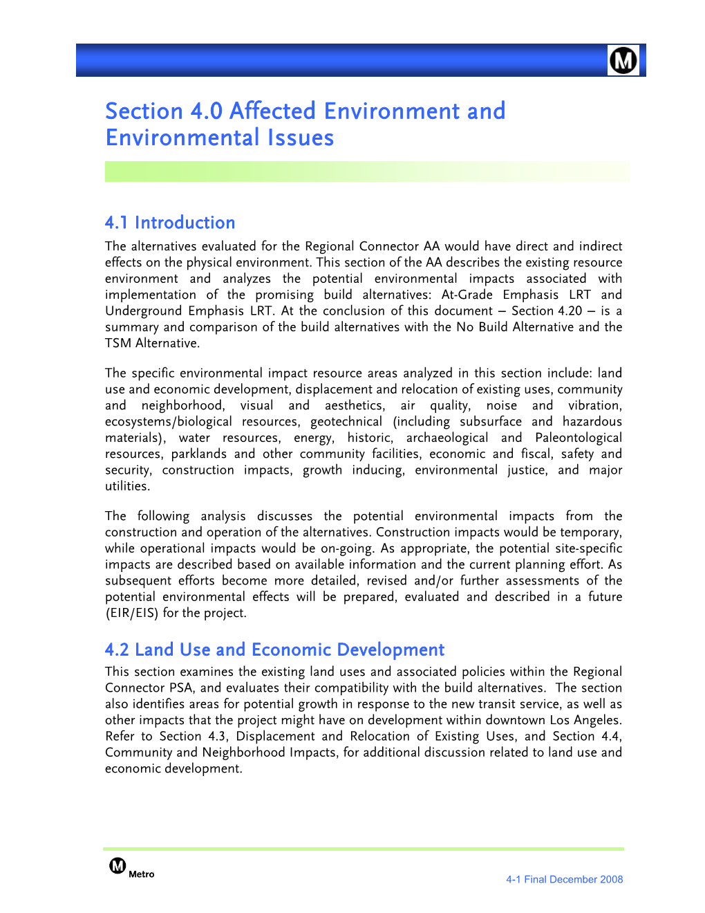 Section 4.0 Affected Environment and Environmental Issues