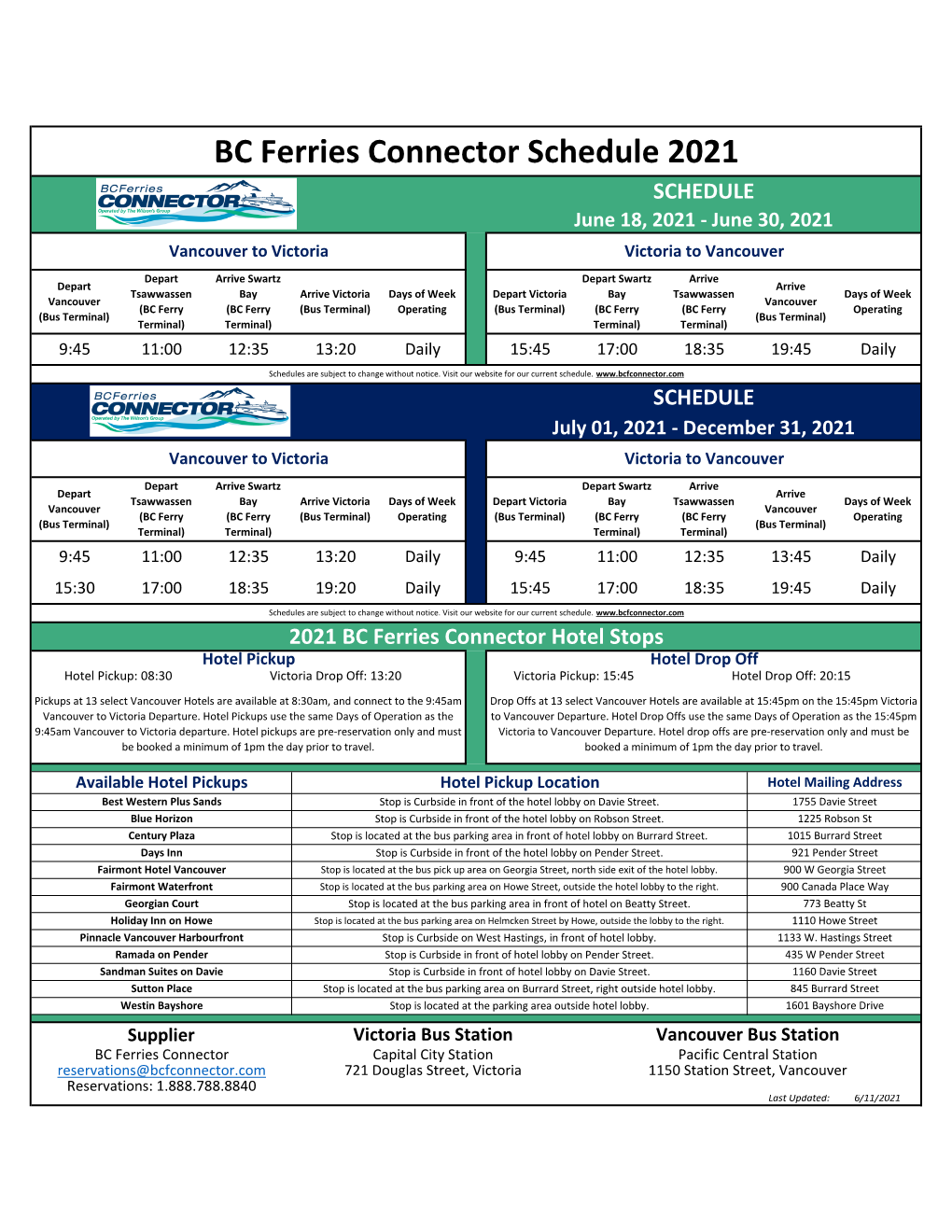 BC Ferries Connector Schedule 2021 SCHEDULE June 18, 2021 - June 30, 2021 Vancouver to Victoria Victoria to Vancouver