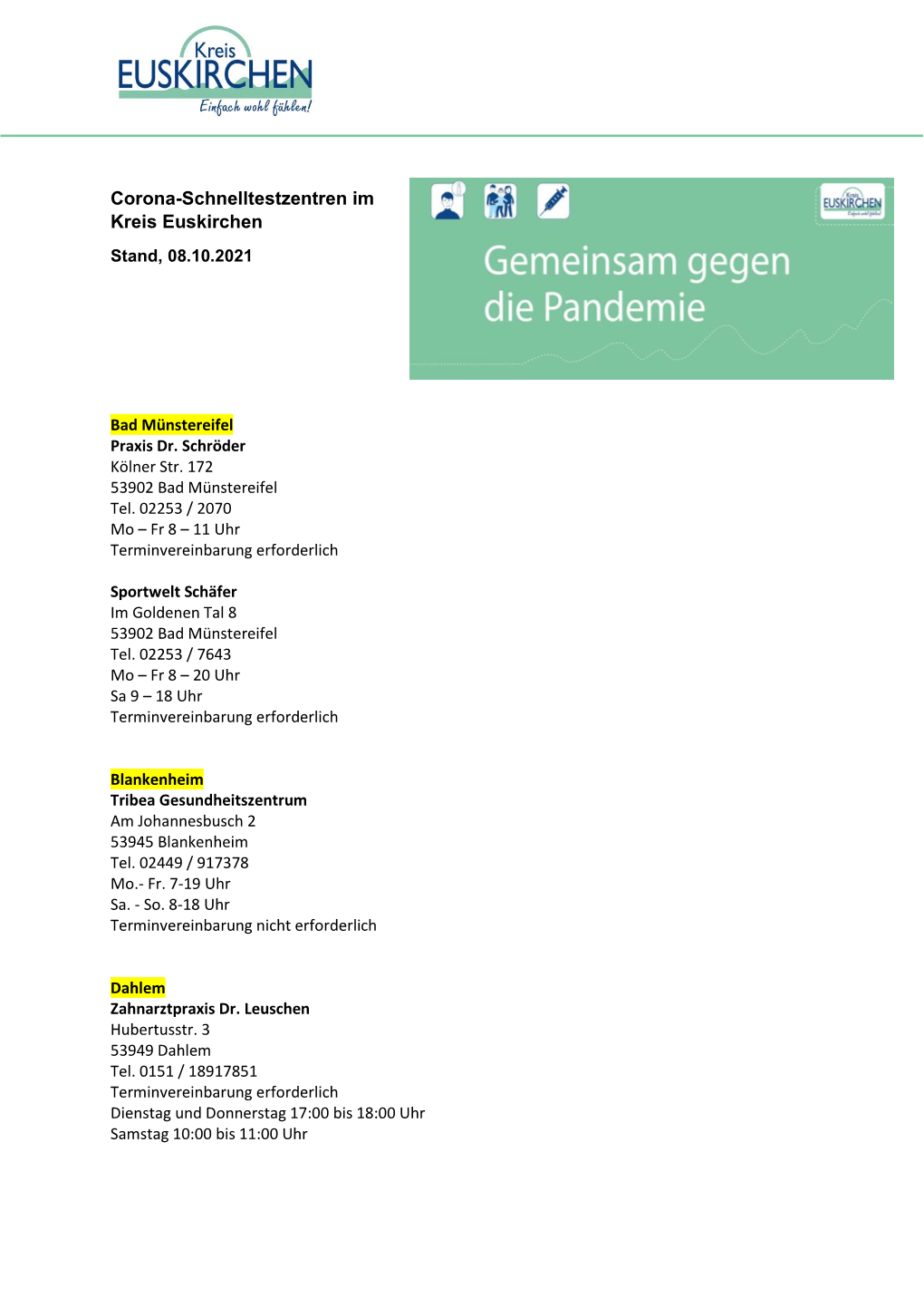 Corona-Schnelltestzentren Im Kreis Euskirchen Stand, 08.10.2021