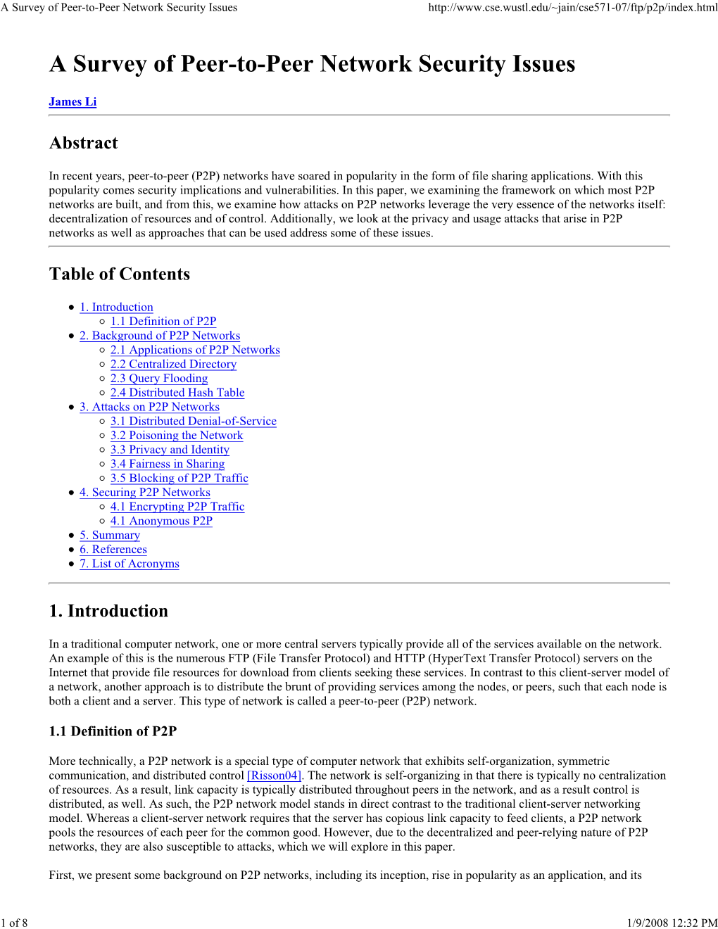 A Survey of Peer-To-Peer Network Security Issues