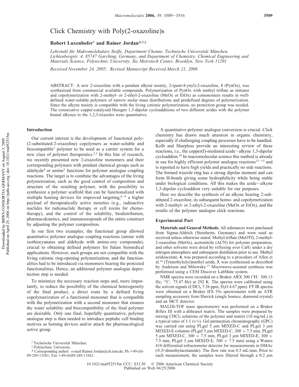 Click Chemistry with Poly(2-Oxazoline)S