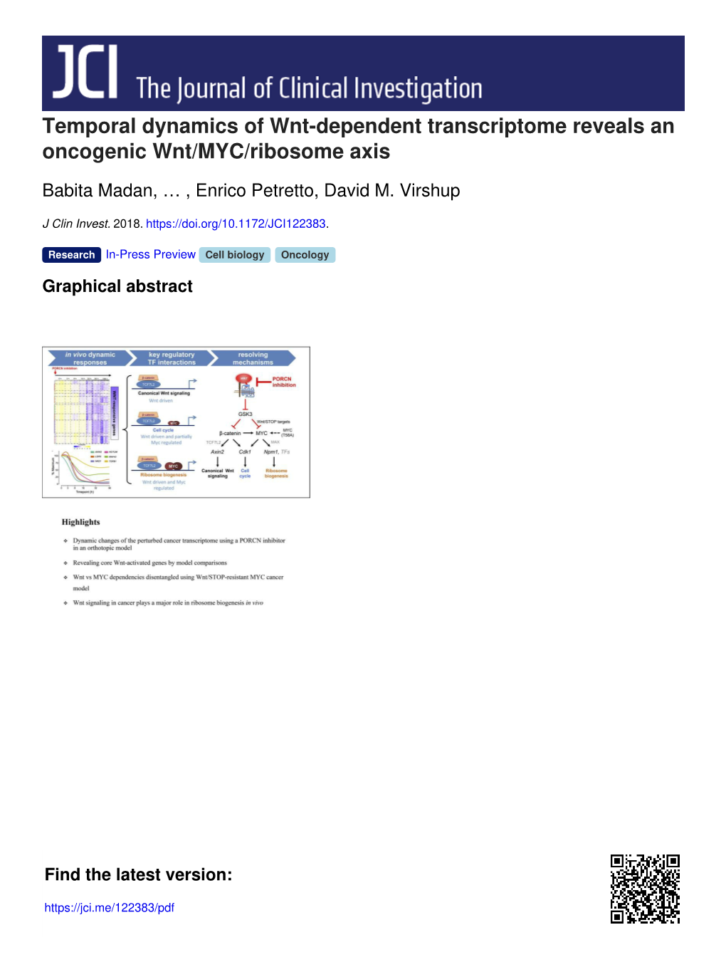 Temporal Dynamics of Wnt-Dependent Transcriptome Reveals an Oncogenic Wnt/MYC/Ribosome Axis