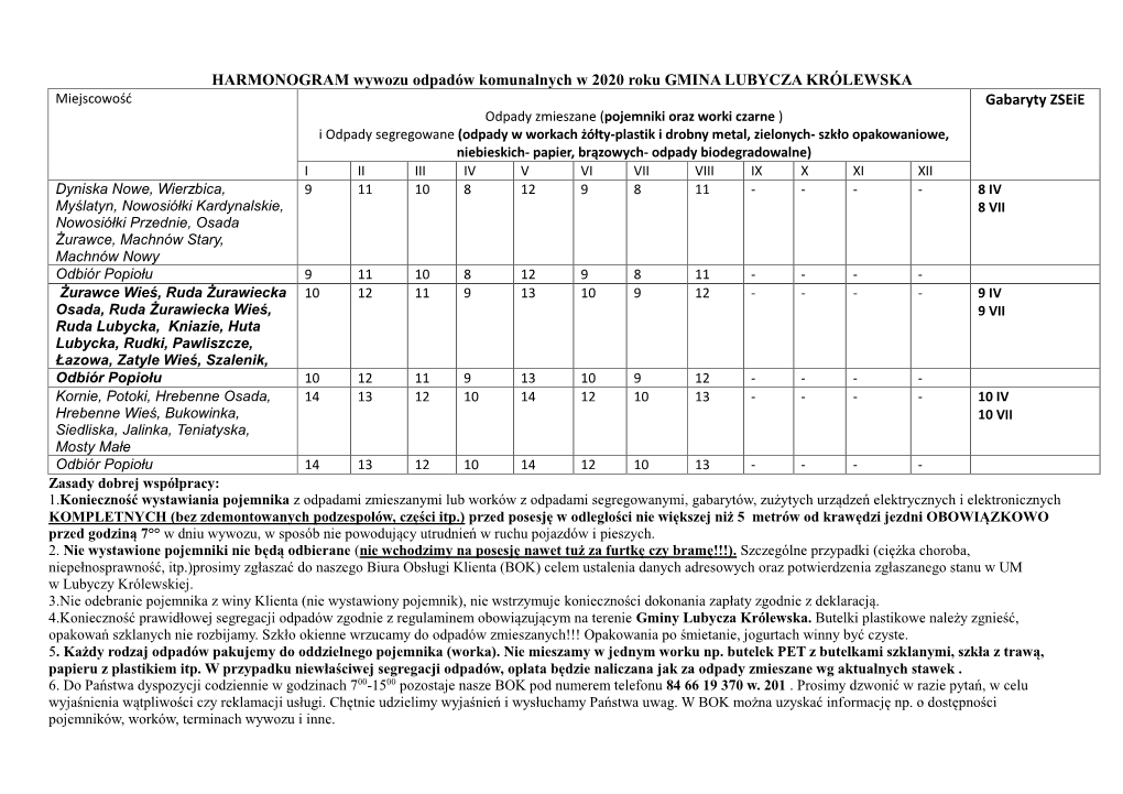 HARMONOGRAM Wywozu Odpadów Komunalnych W 2020 Roku GMINA