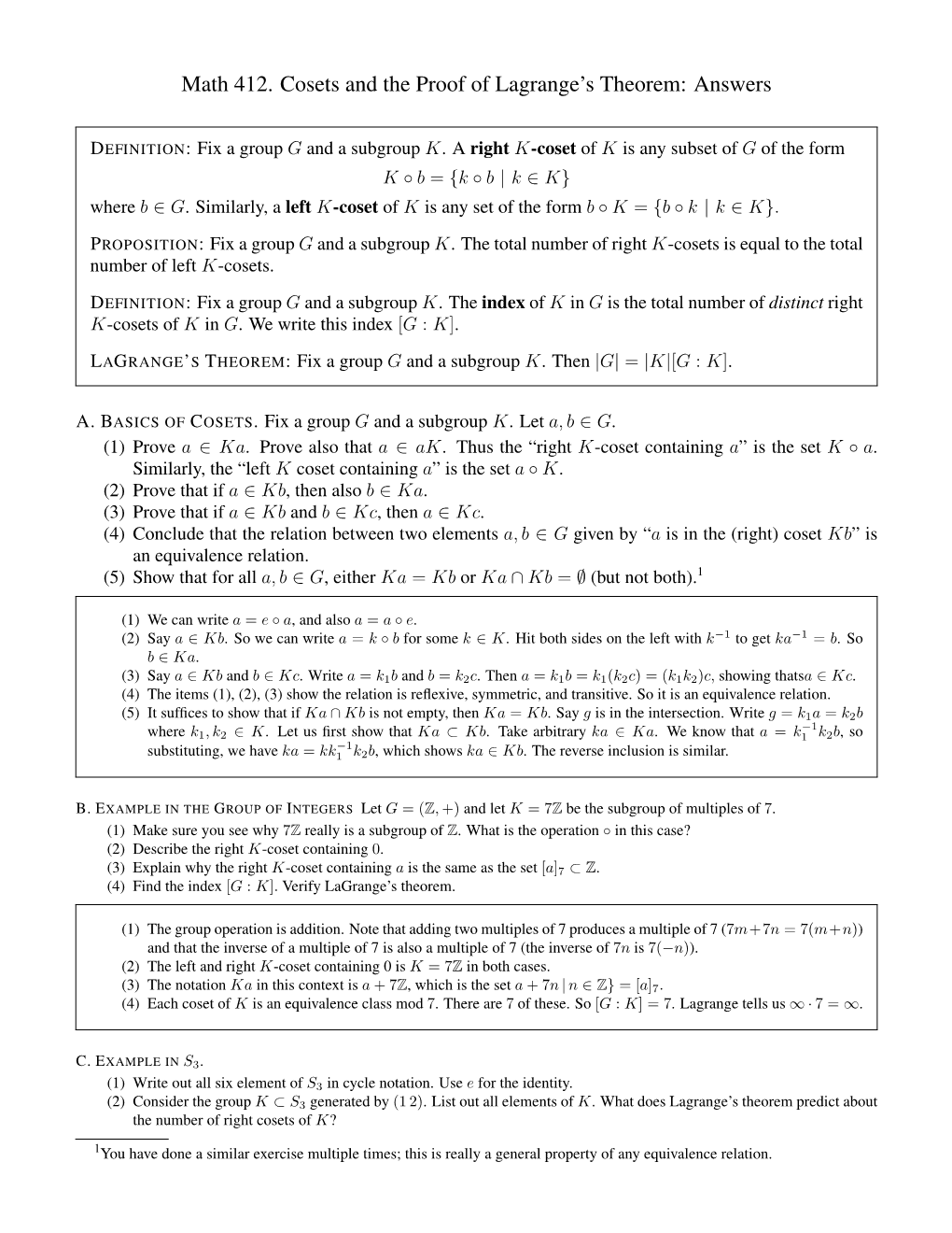 Math 412. Cosets and the Proof of Lagrange's Theorem: Answers