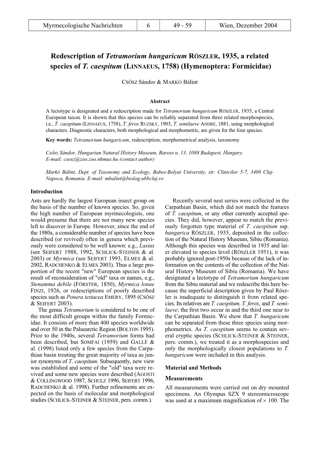 Redescription of Tetramorium Hungaricum RÖSZLER, 1935, a Related Species of T. Caespitum (LINNAEUS, 1758) (Hymenoptera: Formicidae)