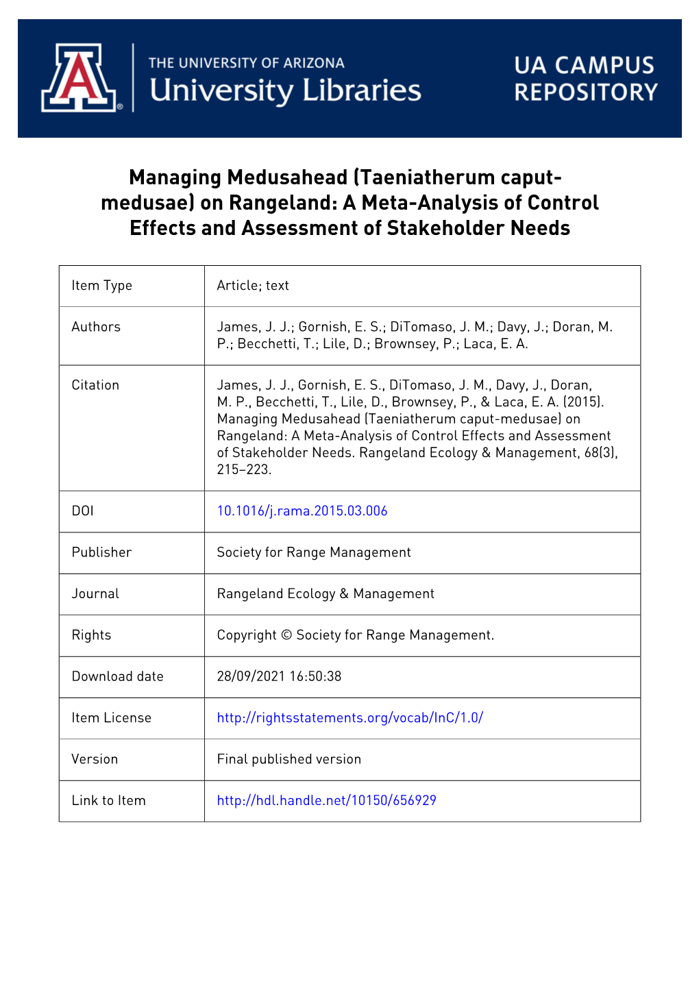 Managing Medusahead (Taeniatherum Caput-Medusae) on Rangeland: a Meta-Analysis of Control Effects and Assessment of Stakeholder Needs