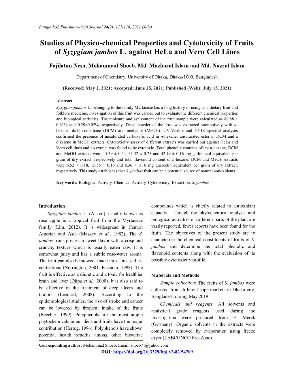 Studies of Physico-Chemical Properties and Cytotoxicity of Fruits of Syzygium Jambos L. Against Hela and Vero Cell Lines