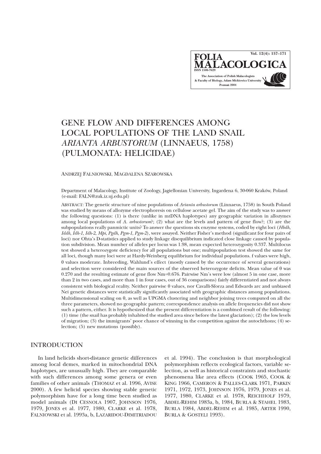 Gene Flow and Differences Among Local Populations of the Land Snail Arianta Arbustorum (Linnaeus, 1758) (Pulmonata: Helicidae)