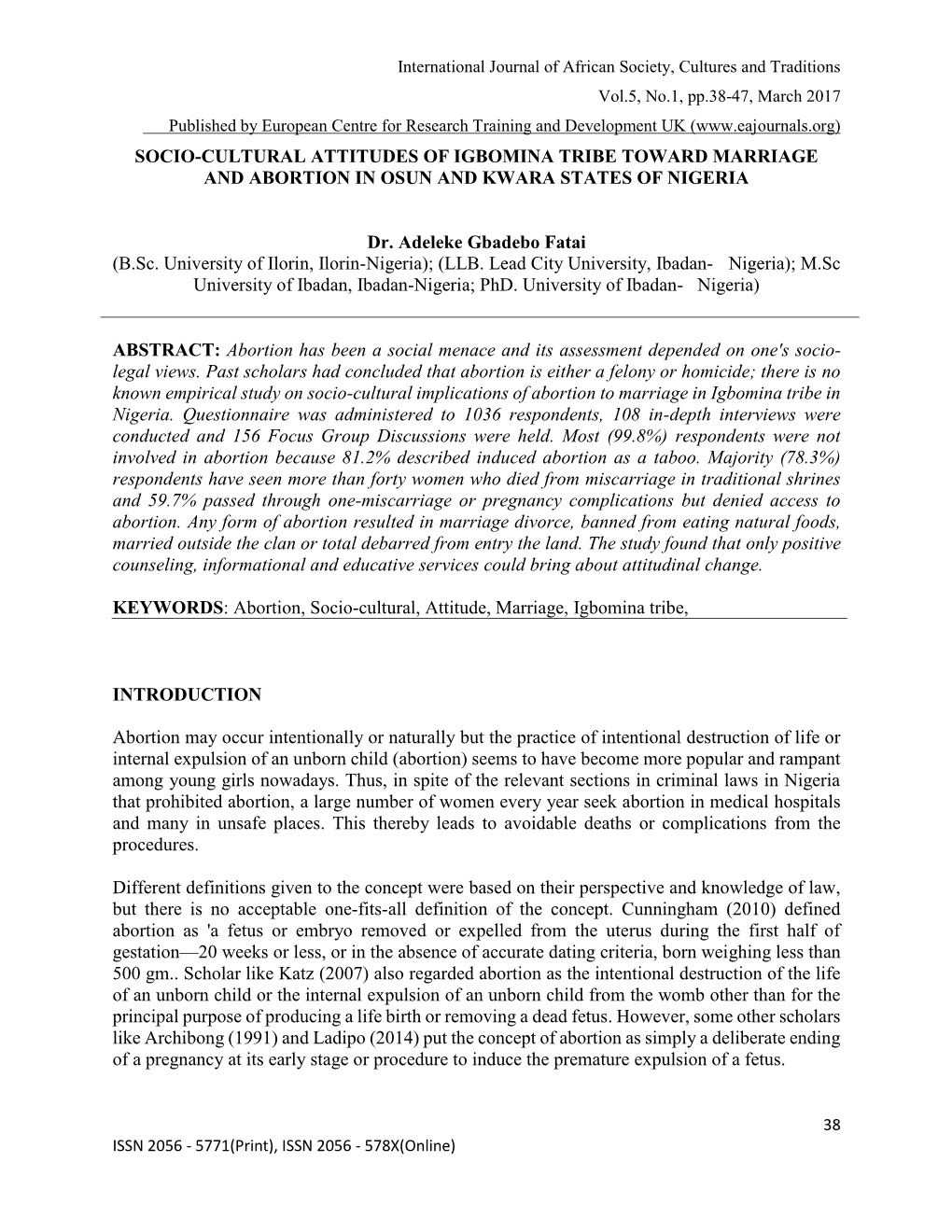 Socio-Cultural Attitudes of Igbomina Tribe Toward Marriage and Abortion in Osun and Kwara States of Nigeria