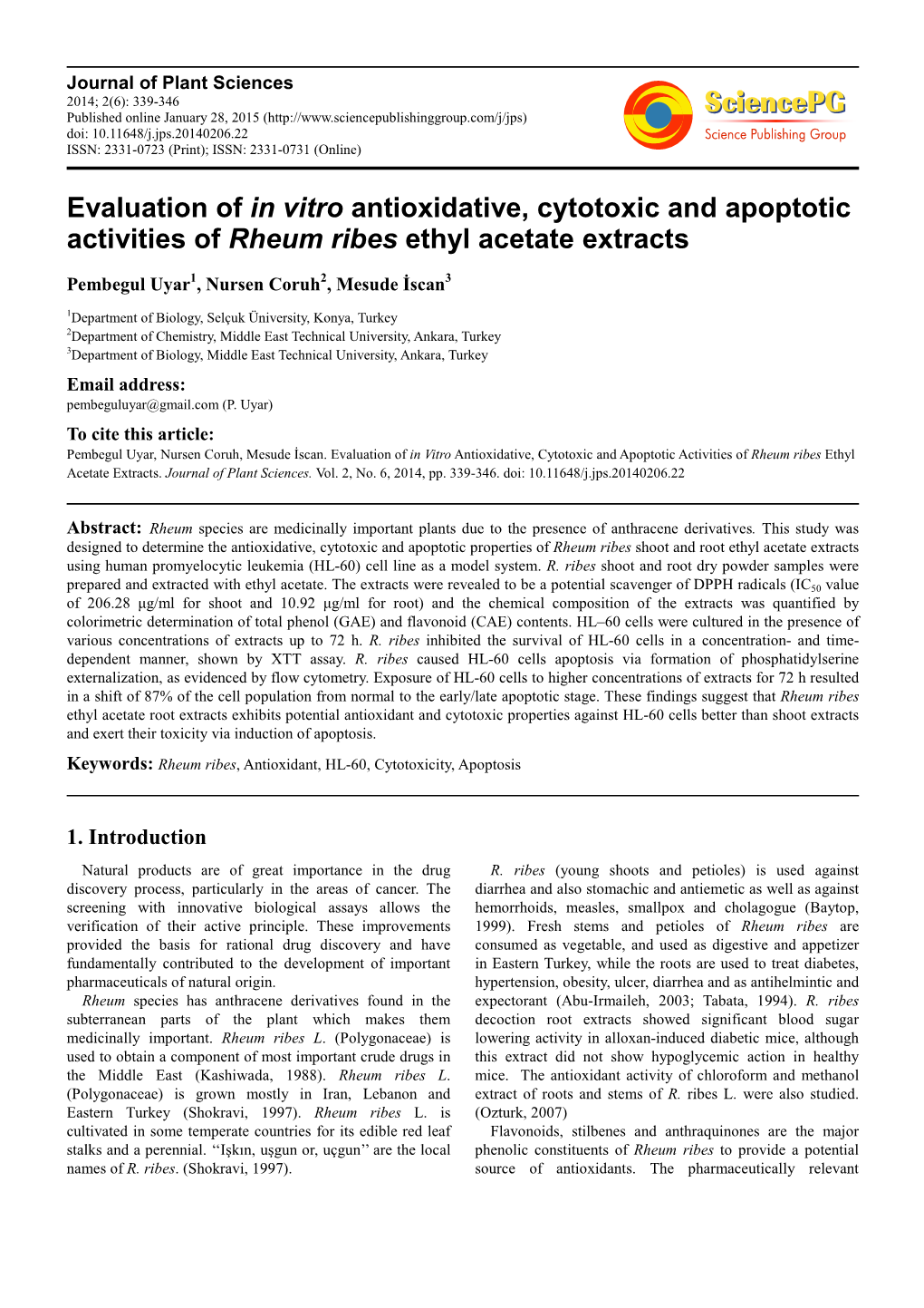 Evaluation of in Vitro Antioxidative, Cytotoxic and Apoptotic Activities of Rheum Ribes Ethyl Acetate Extracts