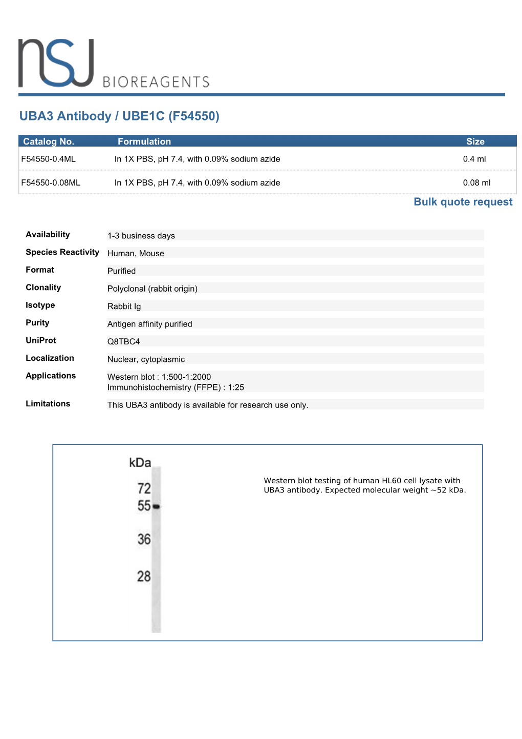 UBA3 Antibody / UBE1C (F54550)