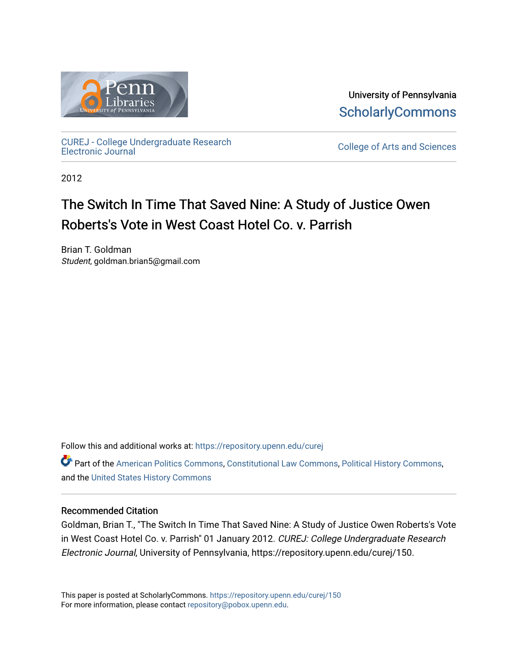 The Switch in Time That Saved Nine: a Study of Justice Owen Roberts's Vote in West Coast Hotel Co