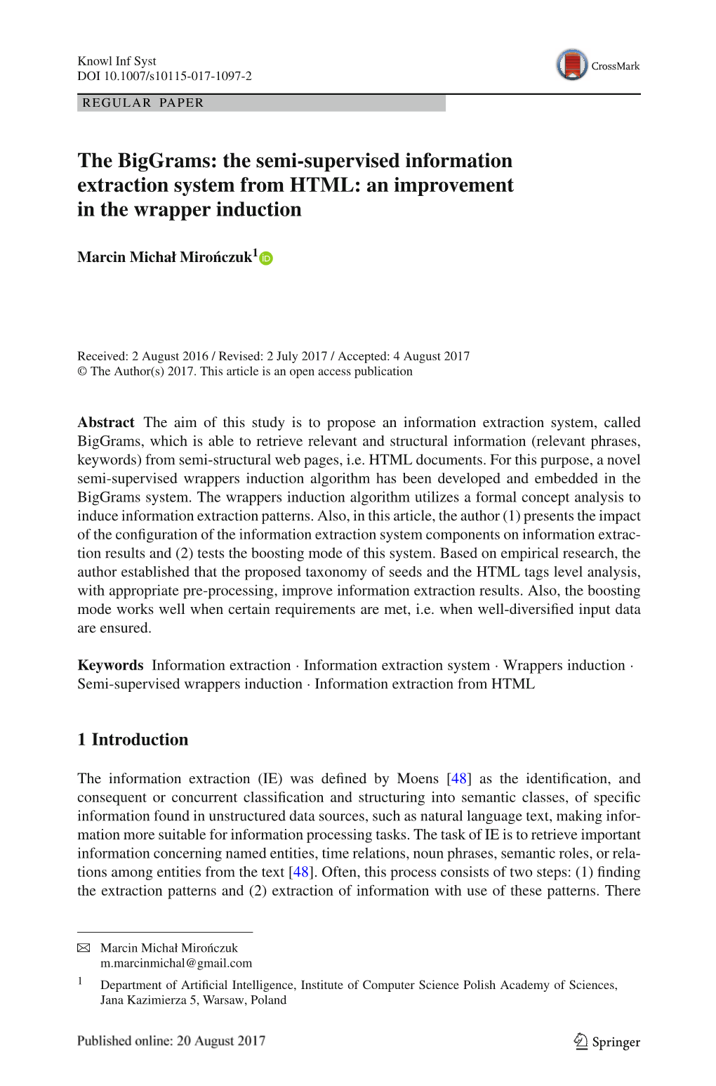 The Semi-Supervised Information Extraction System from HTML: an Improvement in the Wrapper Induction