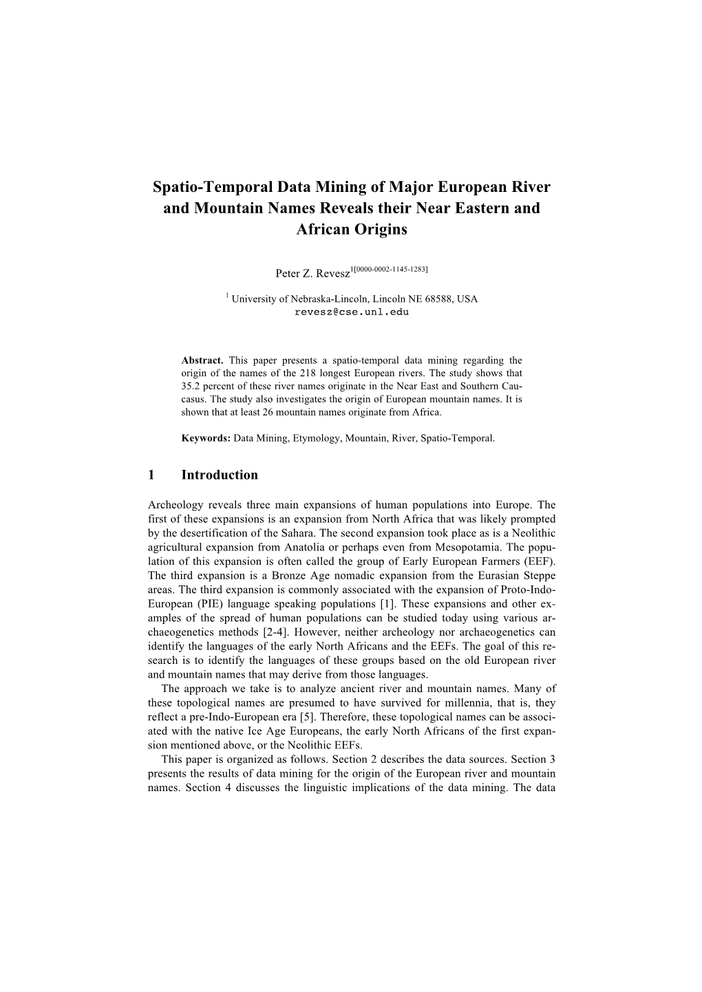 Spatio-Temporal Data Mining of Major European River and Mountain Names Reveals Their Near Eastern and African Origins