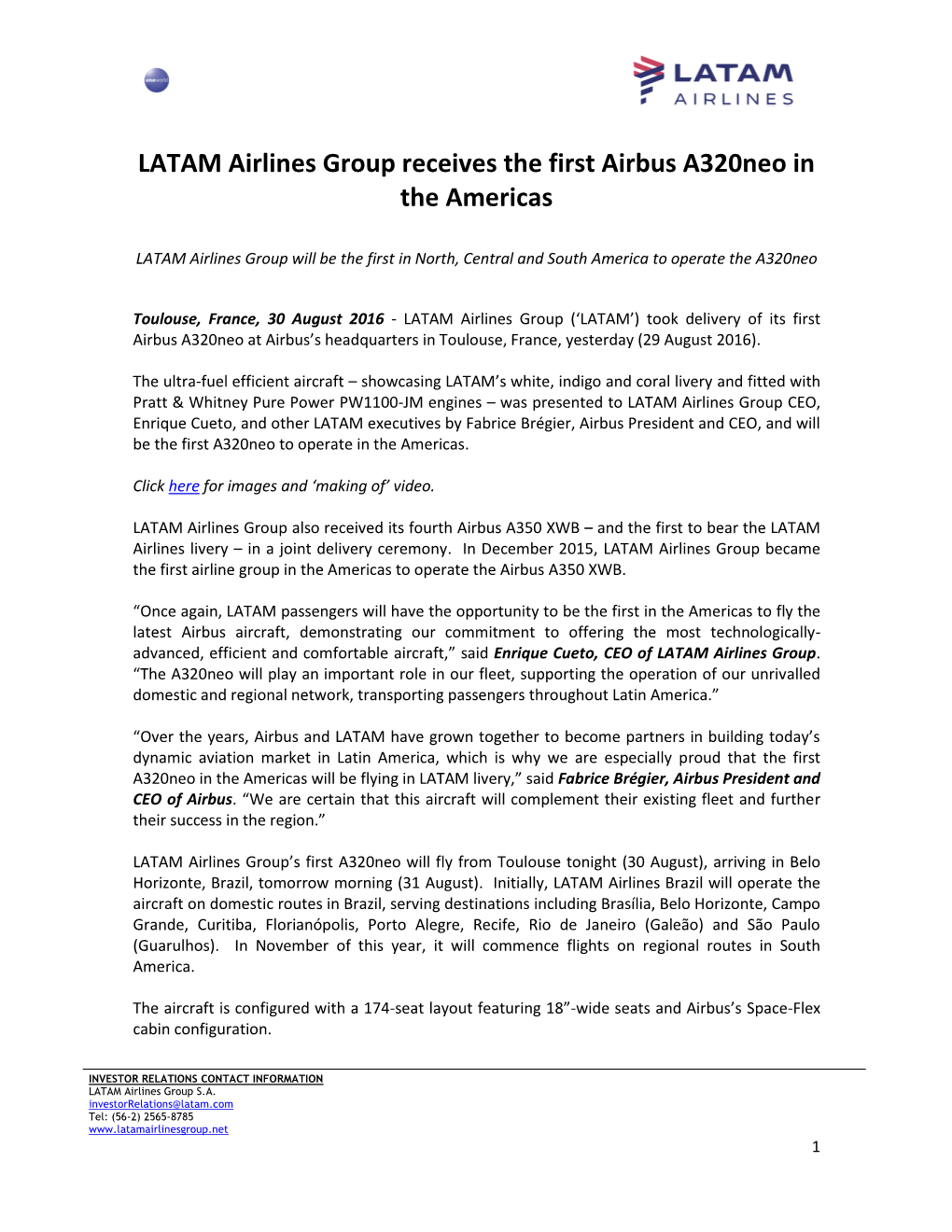 LATAM Airlines Group Receives the First Airbus A320neo in the Americas