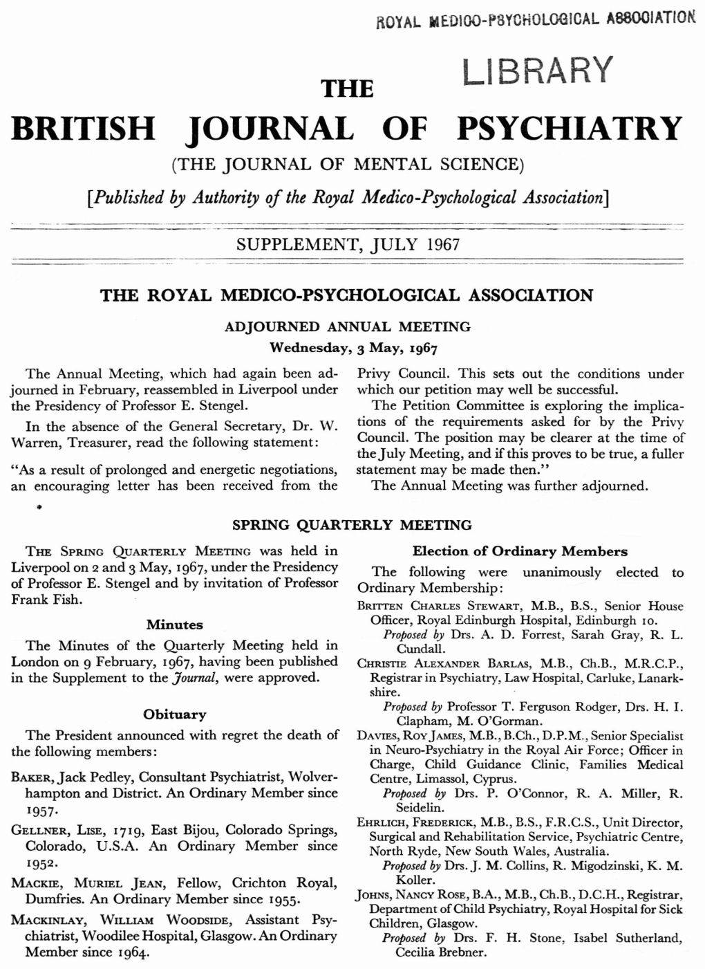 Library the British Journal of Psychiatry (The Journal of Mental Science)