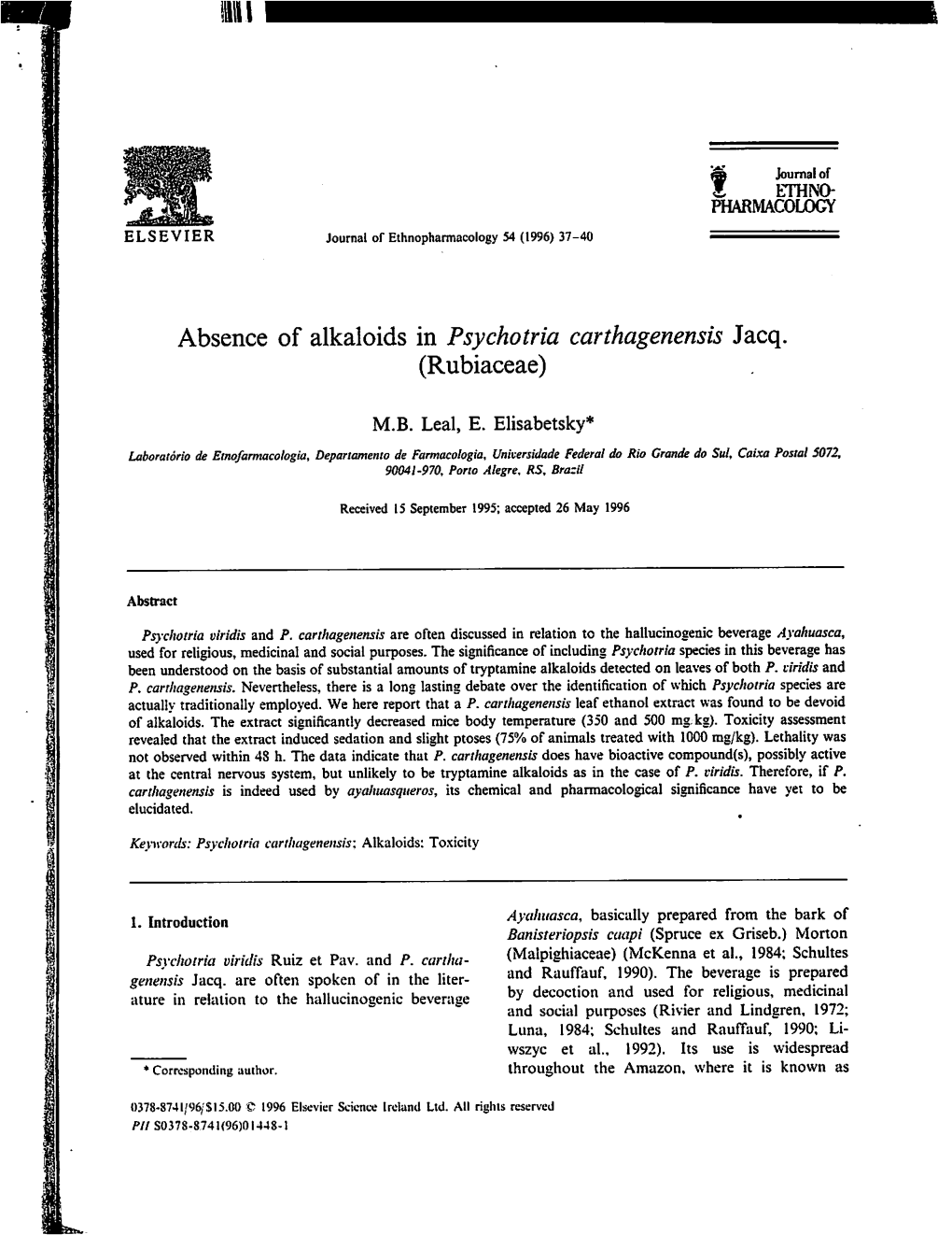 Absence of Alkaloids in Psychotria Carthagenensis Jacq. (Rubiaceae)