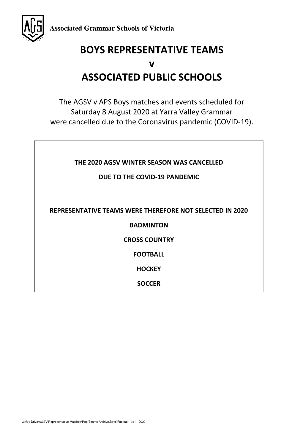 BOYS REPRESENTATIVE TEAMS V ASSOCIATED PUBLIC SCHOOLS